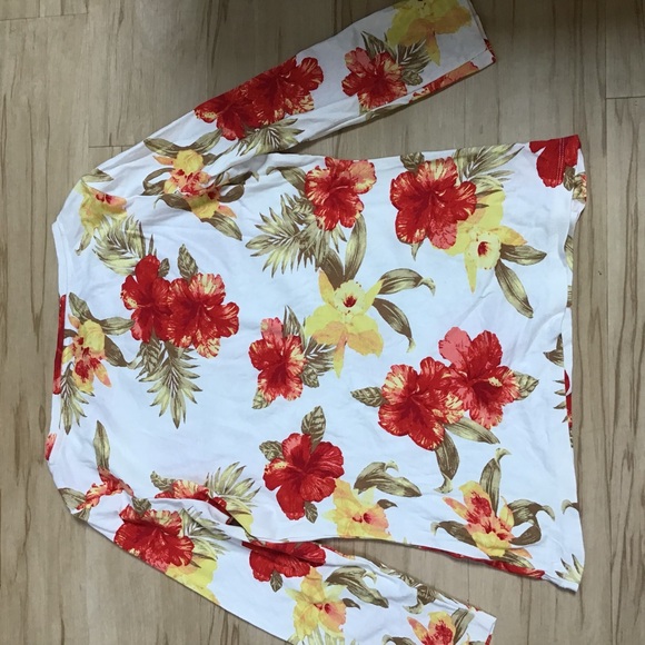 Talbots Tropical Flower Red Orange Yellow Hibiscus 100% Cotton 3/4 Sleeve Shirt - Picture 7 of 11